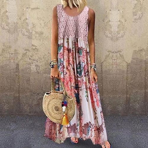 

Women's Swing Dress Maxi long Dress Green Blue Beige Sleeveless Floral Geometic Print Spring Summer Crew Neck Hot Casual Holiday 2022 S M L XL XXL 3XL 4XL 5XL