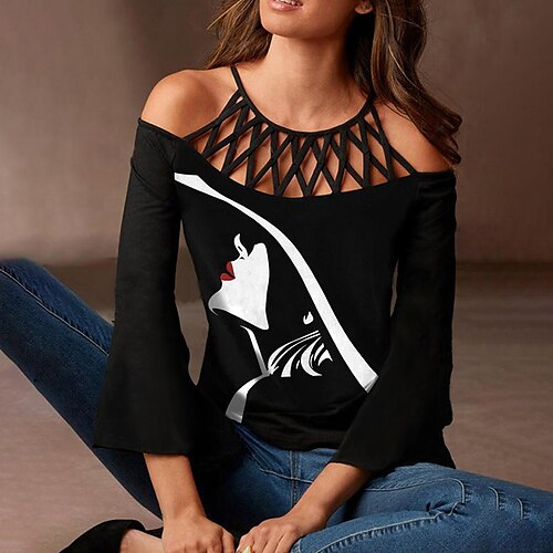 

Women's Shirt Portrait Daily Weekend Portrait Shirt Half Sleeve Cut Out Lace Round Neck Casual Streetwear Black S / 3D Print
