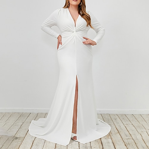 

Women's Plus Size Party Dress Solid Color V Neck Split Long Sleeve Fall Winter Stylish Sexy Prom Dress Maxi long Dress Party Vacation Dress / Ruched