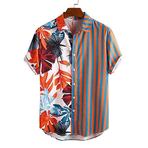 

Men's Shirt 3D Print Striped Leaves Turndown Street Casual Button-Down Print Short Sleeves Tops Designer Casual Fashion Breathable Red / Summer