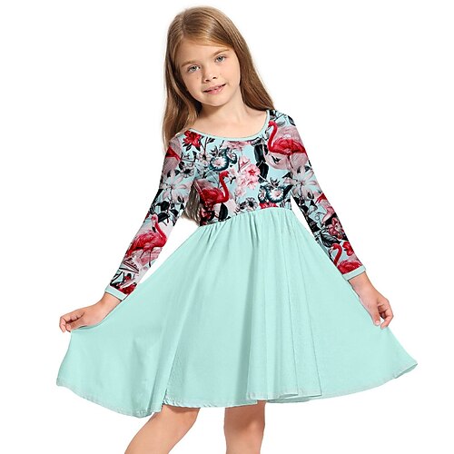 

Kids Little Girls' Dress Floral Flamingos Animal A Line Dress Daily Holiday Vacation Print Blue Above Knee Long Sleeve Casual Cute Sweet Dresses Fall Winter Regular Fit 3-10 Years