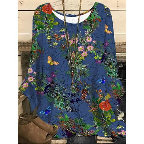 

Women's Plus Size Tops Blouse Shirt Floral Print Long Sleeve Crewneck Streetwear Daily Vacation Polyester Fall Spring Navy Blue