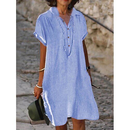 

Women's T Shirt Dress Tee Dress Short Mini Dress Blue Gray Beige Short Sleeve Solid Color Pocket Button Fall Spring Shirt Collar Elegant Vintage Loose 2022 S M L XL XXL 3XL 4XL 5XL