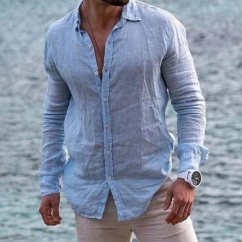 

Men's Shirt Solid Color Collar Casual Daily Long Sleeve Tops Basic Casual Beach Light Blue Pink Red