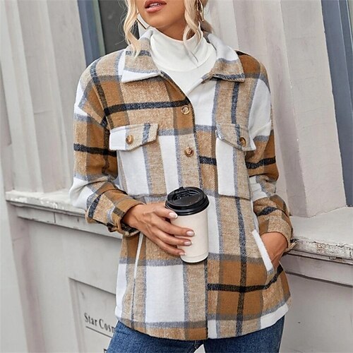 

Women's Casual Jacket Windproof Warm Outdoor Street Vacation Going out Smocked Single Breasted Turndown Street Style Shacket Stripes and Plaid Regular Fit Outerwear Long Sleeve Winter Fall Green