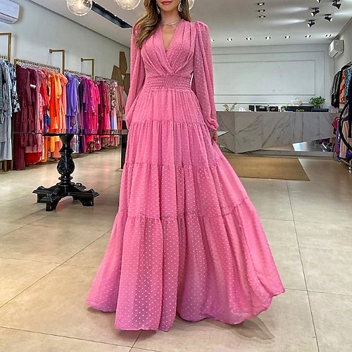 

Women's Swing Dress Maxi long Dress Pink Long Sleeve Pure Color Ruched Fall Spring V Neck Party Elegant Lantern Sleeve 2022 S M L XL / Party Dress