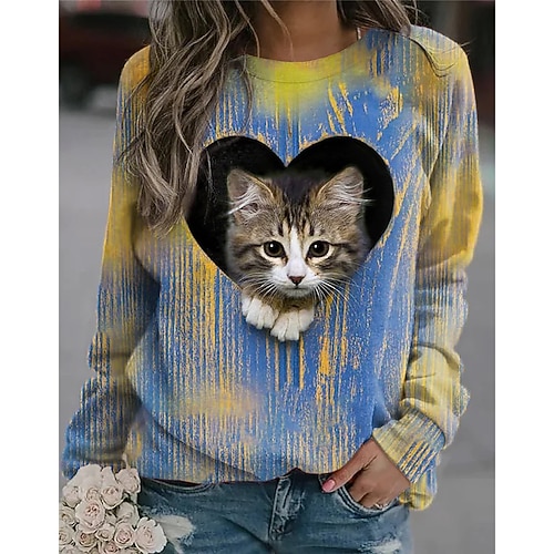 

Women's Sweatshirt Pullover Cat Heart 3D Print Daily Sports 3D Print Active Streetwear Hoodies Sweatshirts Blue