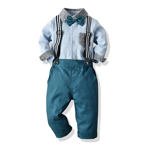 

2 Pieces Kids Boys Shirt & Pants Clothing Set Outfit Solid Color Long Sleeve Cotton Set Party Fashion Winter Fall 2-6 Years Light Blue