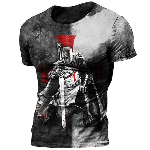 

Men's Unisex T shirt Tee Templar Cross Graphic Prints Soldier Crew Neck Gray 3D Print Outdoor Street Short Sleeve Print Clothing Apparel Vintage Sports Casual Big and Tall