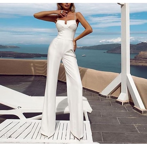 

Women's Jumpsuit Solid Color Cold Shoulder Bodycon Office Daily Bodycon Spaghetti Strap White S M L Fall