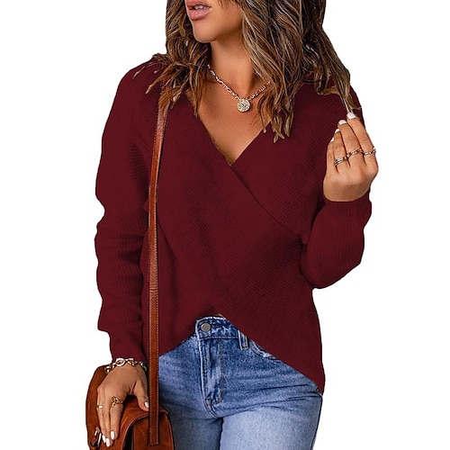 

Suéter pulôver feminino jumper de malha com nervuras aberto nas costas cor pura decote em v elegante casual feriado diário outono inverno vermelho 3xl