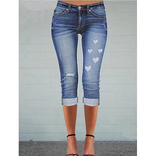 

Women's Pants Trousers Jeans Distressed Jeans Denim Blue Mid Waist Fashion Casual Weekend Side Pockets Cut Out Micro-elastic Calf-Length Comfort Plain S M L XL XXL