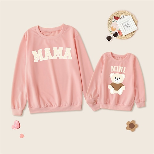 

Mommy and Me Sweatshirt Letter Bear Print Pink Long Sleeve Adorable Matching Outfits / Spring / Fall