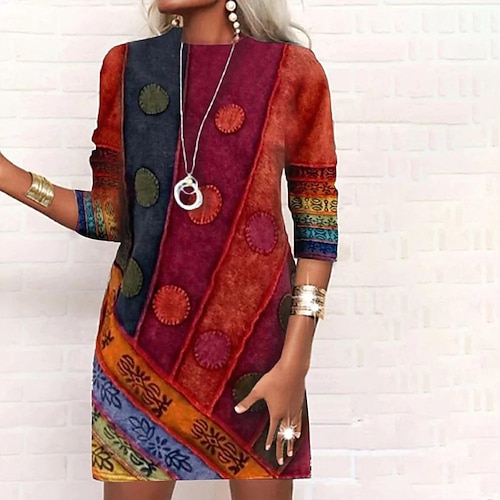 

Women's Casual Dress Mini Dress Red 3/4 Length Sleeve Geometric Print Winter Fall Autumn Crew Neck 2022 S M L XL 2XL