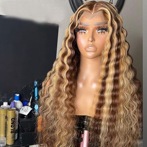 

Remy Human Hair 13x4 Lace Front Wig Free Part Brazilian Hair Wavy Deep Wave Multi-color Wig 130% 150% Density with Baby Hair Highlighted / Balayage Hair Natural Hairline 100% Virgin Pre-Plucked For