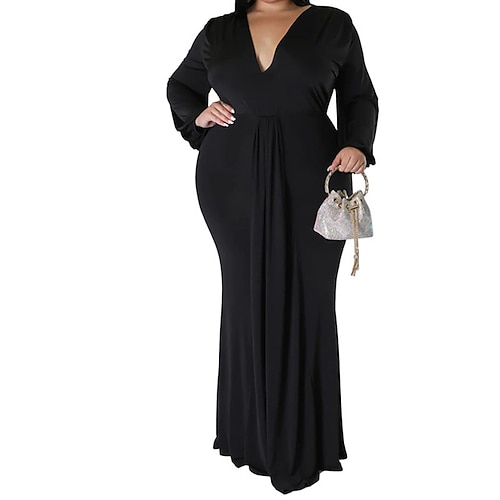 

Women's Plus Size Sheath Dress Solid Color V Neck Ruched Long Sleeve Fall Winter Stylish Maxi long Dress Daily Holiday Dress