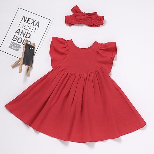 

Kids Girls' Dress Solid Colored A Line Dress Asymmetrical Dress Performance Ruched Cotton Short Sleeve Princess Dress 2-6 Years Spring Red