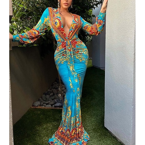 

Women's Sheath Dress Trumpet / Mermaid Dress Maxi long Dress Green Blue Purple Orange Red Long Sleeve Print Patchwork Print Fall Winter Deep V Stylish Fashion Modern Slim 2022 S M L XL XXL / Summer