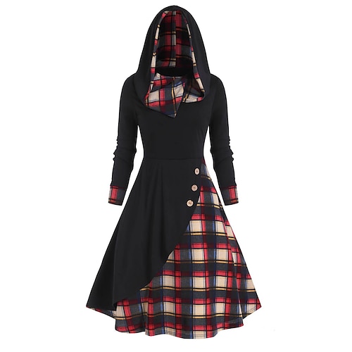 

Women's Tartan Dress Black Blue Wine Long Sleeve Plaid Print Winter Fall Spring Hooded Winter Dress Fall Dress Loose Fit 2022 S M L XL XXL