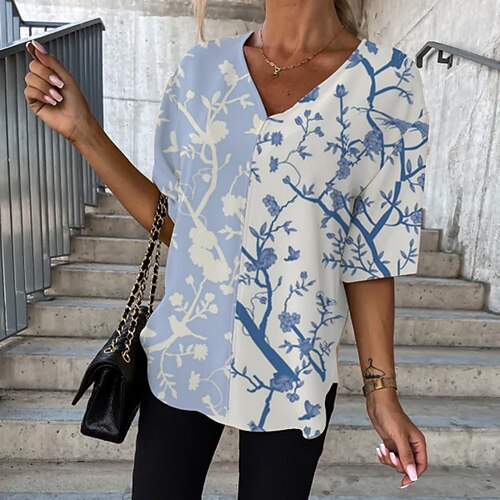 

Women's T shirt Tee Floral Casual Weekend Floral Painting T shirt Tee Short Sleeve Print V Neck Basic Blue S / 3D Print