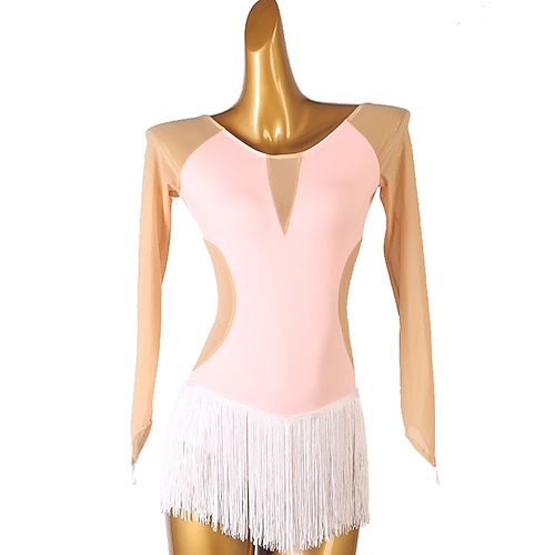 

Figure Skating Dress Women's Girls' Ice Skating Dress Rosy Pink Tassel Open Back Mesh High Elasticity Training Competition Skating Wear Classic Long Sleeve Ice Skating Figure Skating / Patchwork