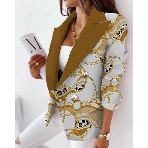 

Women's Blazer Breathable Office Work with Pockets Double Breasted Turndown Formal Baroque Print Regular Fit Outerwear Long Sleeve Winter Fall Yellow Orange S M L XL XXL 3XL