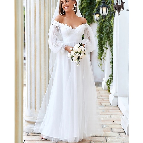 

A-Line Sheath / Column Wedding Dresses Off Shoulder Floor Length Tulle Italy Satin Long Sleeve Romantic Simple Sexy with Lace Insert Appliques Solid Color 2022