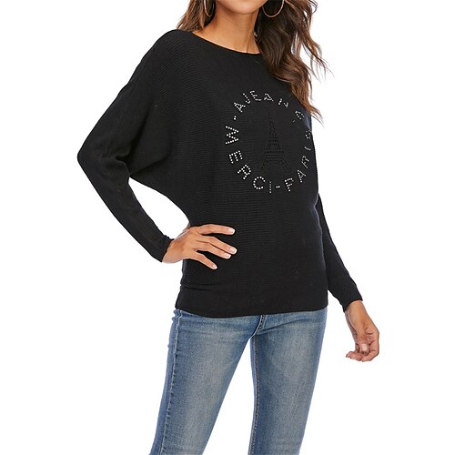 

Women's Pullover Sweater jumper Jumper Crochet Knit Knitted Letter Crew Neck Stylish Weekend Winter Fall Beige Black One-Size / Long Sleeve / Slim