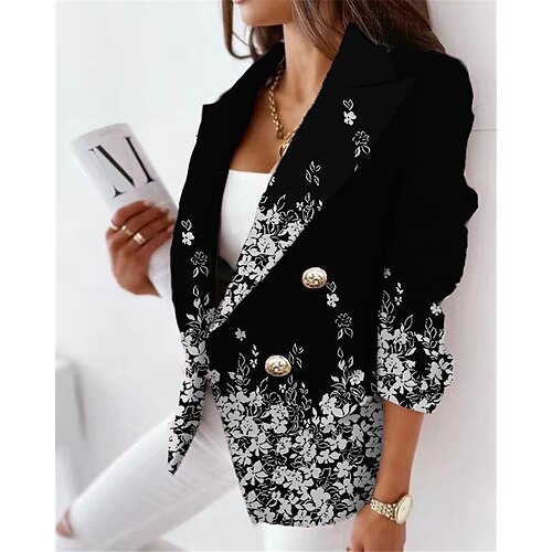

Women's Blazer Breathable Office Work Daily Wear with Pockets Print Double Breasted Turndown OL Style Formal Modern Office / career Floral Regular Fit Outerwear Long Sleeve Winter Fall Black Purple S