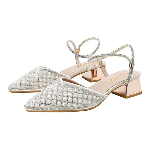 

Women's Sandals Ankle Strap Sandals Rhinestone Pearl Chunky Heel Pointed Toe Elegant Sweet Party Daily Silk Ankle Strap Spring Summer Solid Colored Almond