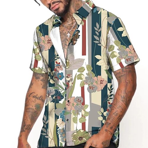 

Men's Shirt 3D Print Floral Striped Turndown Street Casual Button-Down Print Short Sleeves Tops Casual Fashion Breathable Navy Blue / Summer