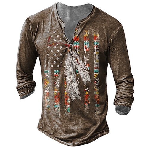 

Men's T shirt Tee Henley Shirt Tee Graphic Feather Henley Brown 3D Print Indian Plus Size Outdoor Daily Long Sleeve Button-Down Print Clothing Apparel Basic Designer Classic Comfortable / Sports