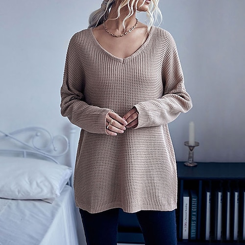 

Women's Pullover Sweater Jumper Ribbed Knit Tunic Knitted Pure Color V Neck Stylish Casual Daily Holiday Fall Winter Brown S M L / Long Sleeve / Regular Fit / Going out