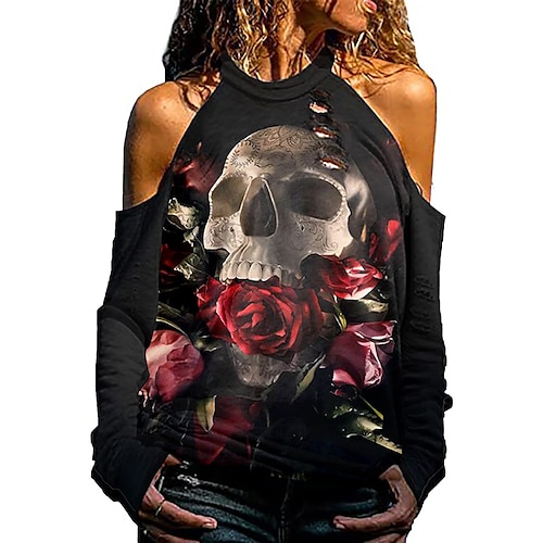 

Women's Blouse Dusty Rose Red Beige Skull Butterfly Cut Out Print Long Sleeve Casual Weekend Basic High Neck Regular S