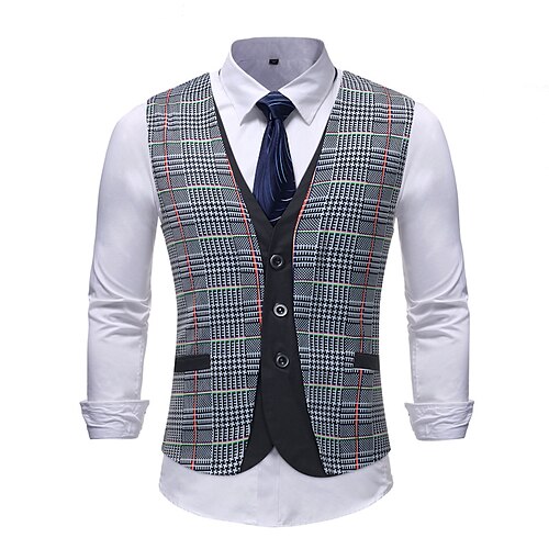 

Men's Coat Breathable Office Single Breasted Stripes and Plaid 3D Printed Graphic V Neck Stylish Jacket Outerwear Sleeveless Pocket Fall