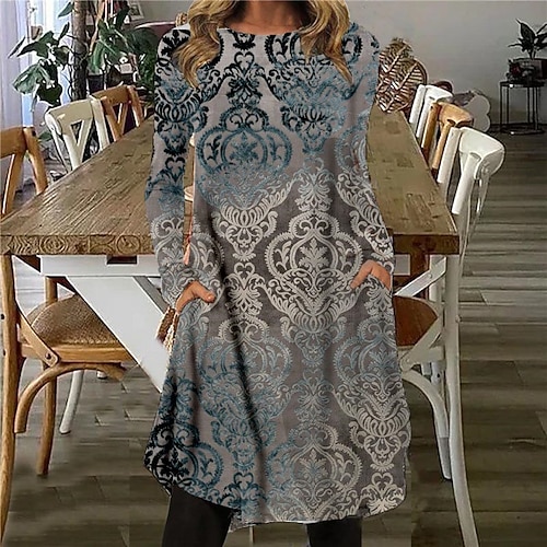 

Women's Casual Dress T Shirt Dress Tee Dress Shift Dress Blue Long Sleeve Floral Pocket Winter Fall Crew Neck Winter Dress Fall Dress 2022 S M L XL XXL 3XL