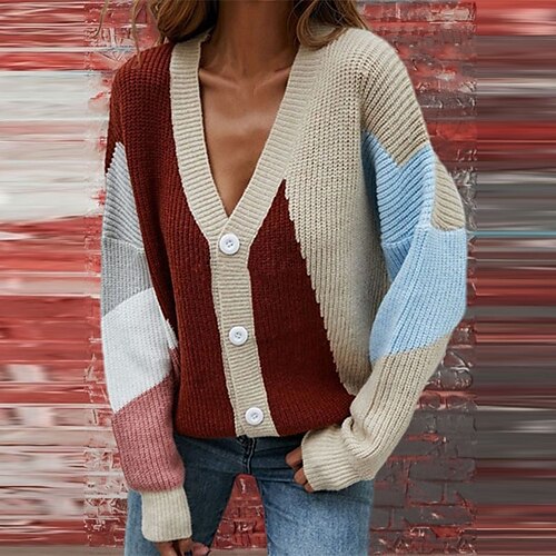 

Women's Cardigan Sweater Jumper Crochet Knit Knitted Button Color Block V Neck Stylish Casual Daily Going out Fall Winter Black Pink S M L / Long Sleeve