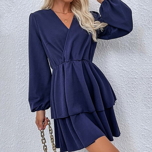 

Women's A Line Dress Casual Dress Short Mini Dress Navy Blue Long Sleeve Pure Color Ruffle Fall Winter V Neck Casual Classic 2022 S M L XL