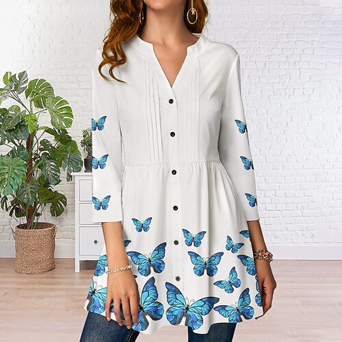 

Women's Blouse Butterfly Daily Weekend Butterfly Blouse Shirt 3/4 Length Sleeve Flowing tunic Button Print V Neck Casual Streetwear White S / 3D Print