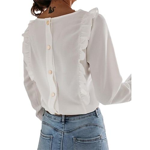 

Roupas femininas blusas básicas blusa lisa moda chique gola redonda mangas compridas botões de borda de fungo camisa vermelha