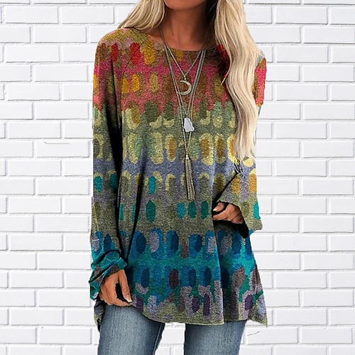 

Women's T shirt Tee Green Purple Wine Graphic Print Long Sleeve Casual Weekend Basic Round Neck Regular S / 3D Print