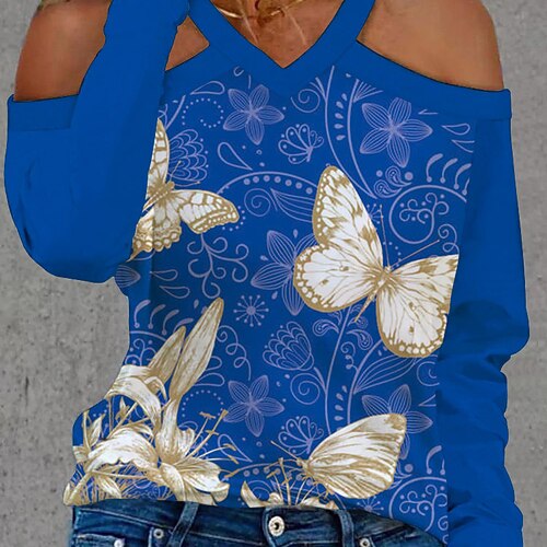 

Women's Blouse Graphic Butterfly 3D Casual Weekend Blouse Long Sleeve Cold Shoulder Print V Neck Basic Green White Pink S / 3D Print