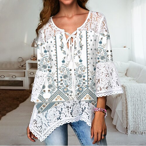 

Women's Blouse Floral Daily Weekend Floral Blouse Shirt 3/4 Length Sleeve Lace up Lace Patchwork V Neck Casual Streetwear White S / 3D Print