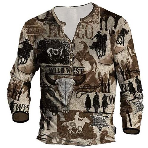 

Men's Henley Shirt Tee T shirt Tee 3D Print Cartoon Graphic Plus Size Henley Daily Sports Button-Down Print Long Sleeve Tops Designer Basic Classic western style Brown