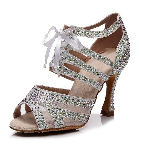 

Women's Latin Shoes Heels Party / Evening Stage Prom Glitter Crystal Sequined Jeweled High Heel Crystal / Rhinestone Crystal Heel High Heel Pumps Open Toe Ribbon White Black Green / Satin / Satin