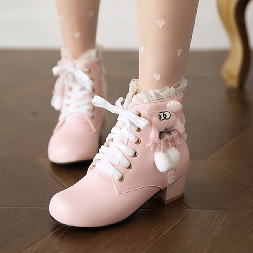 

Girls' Boots Princess Shoes Daily PU Princess Shoes Big Kids(7years ) Party Daily Lace-up Pom-pom White Black Rosy Pink Fall Winter / Booties / Ankle Boots