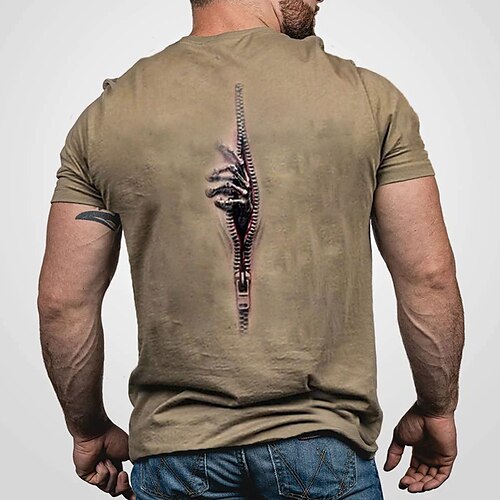 

Hombre Unisexo Camiseta Estampados manos Cremallera Cuello Barco Caqui Impresión 3D Exterior Calle Manga Corta Estampado Ropa Deportes Design Casual Grande y alto / Verano / Verano