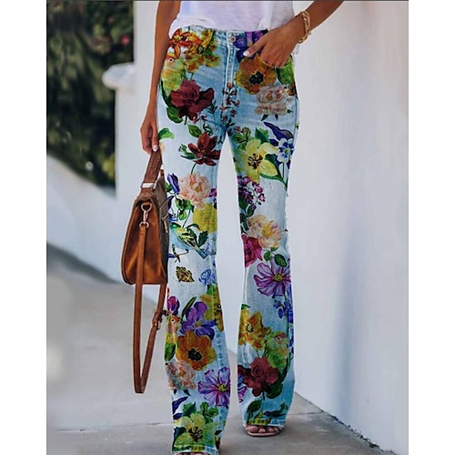 

Women's Flare Pants Trousers Bell Bottom Faux Denim H31844 H31801 H31818 Mid Waist Fashion Casual Weekend Side Pockets Wide Leg High Elasticity Full Length Comfort Flower / Floral S M L XL 2XL