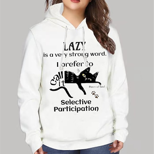 

Women's Plus Size Tops Hoodie Sweatshirt Cat Letter Print Long Sleeve Hooded Streetwear Daily Vacation Polyester Fall Winter White