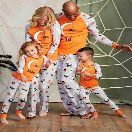 

Family Look Halloween Pajamas Graphic Letter Daily Print Orange Long Sleeve Party Matching Outfits